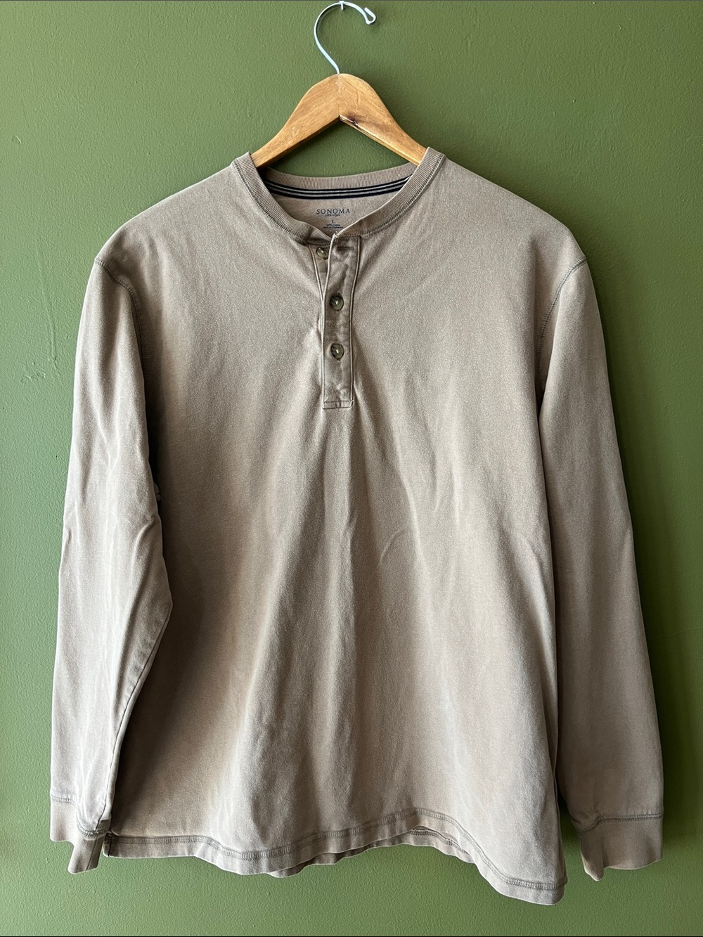 Sonoma Men’s Long-Sleeve Henley Shirt - Taupe/Beige Large